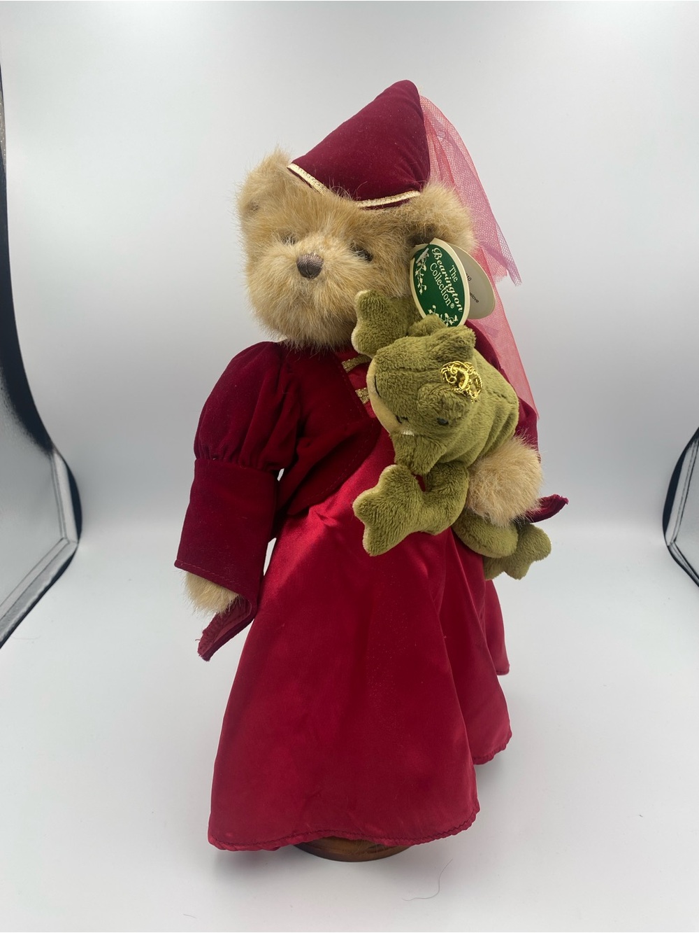 Plush Bear in Deep Burgundy Dress with Green Frog Accessory